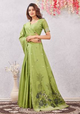 parrot green lillen jacuard work designer party wear saree with unstitched blouse piece 4