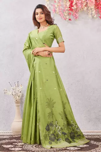 parrot green lillen jacuard work designer party wear saree with unstitched blouse piece