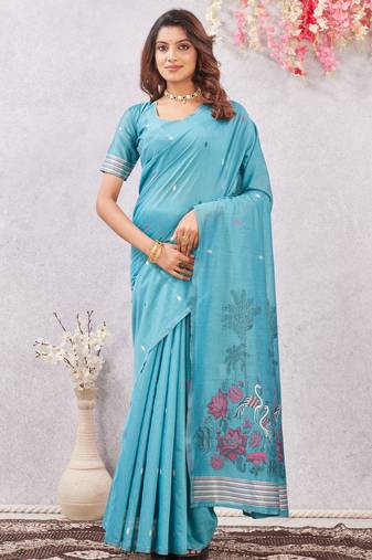 rama lillen jacuard work designer party wear saree with unstitched blouse piece