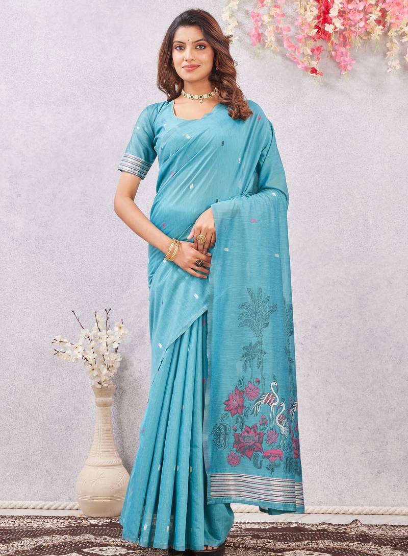 rama lillen jacuard work designer party wear saree with unstitched blouse piece