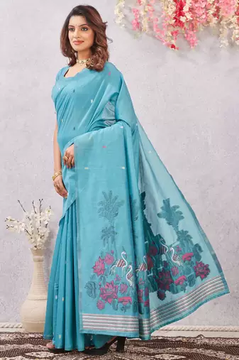 rama lillen jacuard work designer party wear saree with unstitched blouse piece