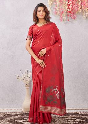 red lillen jacuard work designer party wear saree with unstitched blouse piece 1