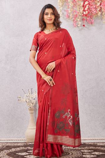 red lillen jacuard work designer party wear saree with unstitched blouse piece