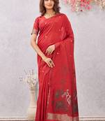 red lillen jacuard work designer party wear saree with unstitched blouse piece