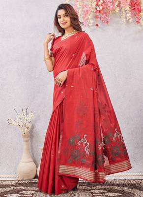 red lillen jacuard work designer party wear saree with unstitched blouse piece 2