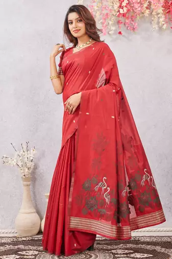 red lillen jacuard work designer party wear saree with unstitched blouse piece