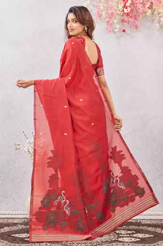 red lillen jacuard work designer party wear saree with unstitched blouse piece