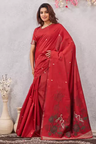 red lillen jacuard work designer party wear saree with unstitched blouse piece