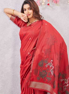 red lillen jacuard work designer party wear saree with unstitched blouse piece 5