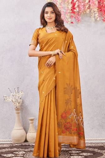 rust lillen jacuard work designer party wear saree with unstitched blouse piece