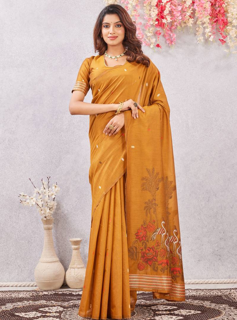 rust lillen jacuard work designer party wear saree with unstitched blouse piece