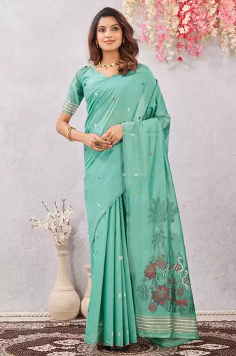 sea green lillen jacuard work designer party wear saree with unstitched blouse piece