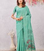 sea green lillen jacuard work designer party wear saree with unstitched blouse piece