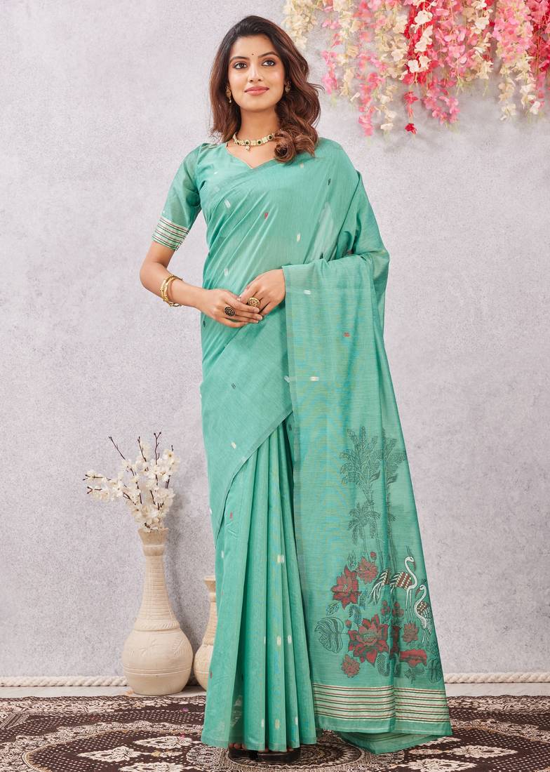 sea green lillen jacuard work designer party wear saree with unstitched blouse piece