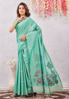 sea green lillen jacuard work designer party wear saree with unstitched blouse piece 2