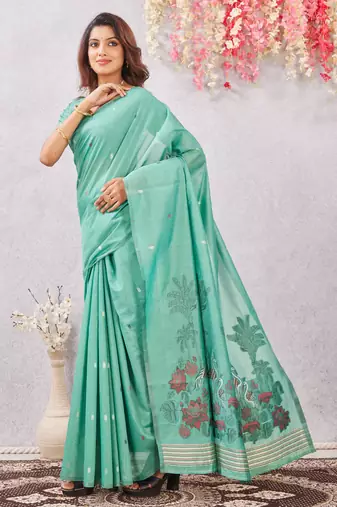 sea green lillen jacuard work designer party wear saree with unstitched blouse piece