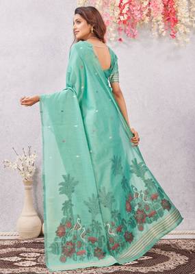 sea green lillen jacuard work designer party wear saree with unstitched blouse piece 3