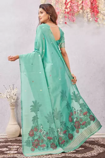 sea green lillen jacuard work designer party wear saree with unstitched blouse piece