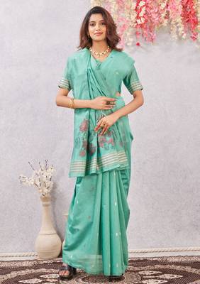 sea green lillen jacuard work designer party wear saree with unstitched blouse piece 4