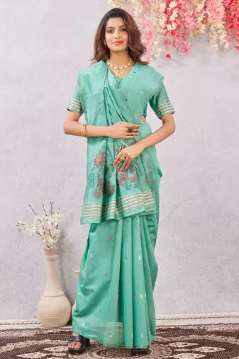 sea green lillen jacuard work designer party wear saree with unstitched blouse piece