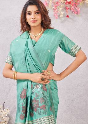sea green lillen jacuard work designer party wear saree with unstitched blouse piece 5