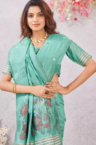 sea green lillen jacuard work designer party wear saree with unstitched blouse piece