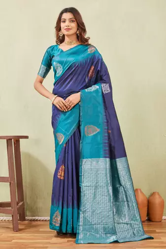 blue rama art silk jacuard work designer party wear saree with unstitched blouse piece