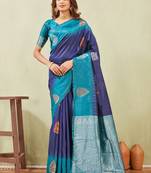 blue rama art silk jacuard work designer party wear saree with unstitched blouse piece