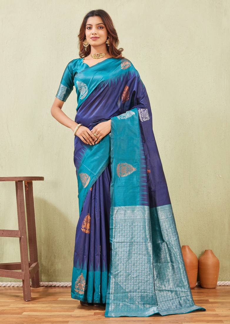 blue rama art silk jacuard work designer party wear saree with unstitched blouse piece