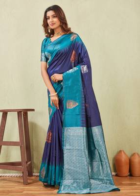 blue rama art silk jacuard work designer party wear saree with unstitched blouse piece 2
