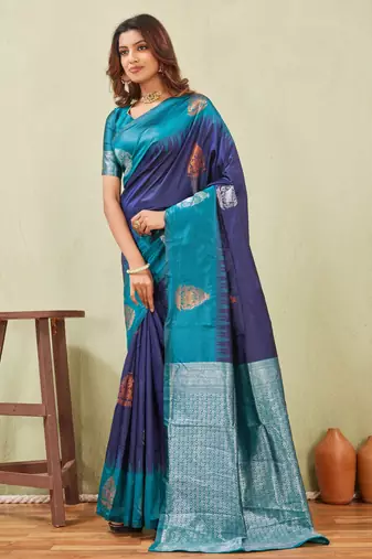 blue rama art silk jacuard work designer party wear saree with unstitched blouse piece