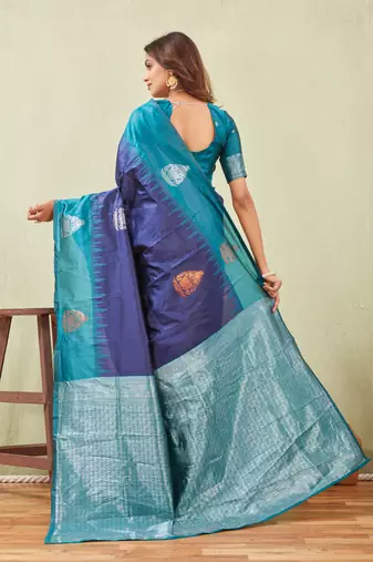 blue rama art silk jacuard work designer party wear saree with unstitched blouse piece