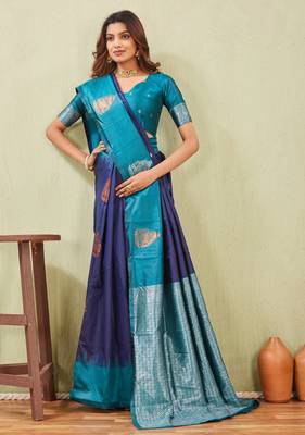 blue rama art silk jacuard work designer party wear saree with unstitched blouse piece 4