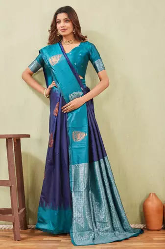 blue rama art silk jacuard work designer party wear saree with unstitched blouse piece