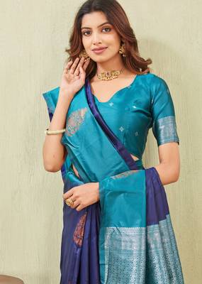 blue rama art silk jacuard work designer party wear saree with unstitched blouse piece 5