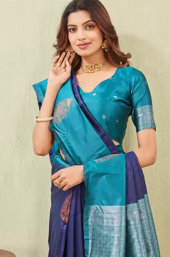 blue rama art silk jacuard work designer party wear saree with unstitched blouse piece
