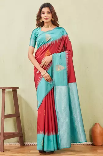 rama red art silk jacuard work designer party wear saree with unstitched blouse piece