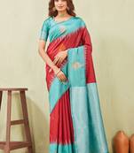 rama red art silk jacuard work designer party wear saree with unstitched blouse piece