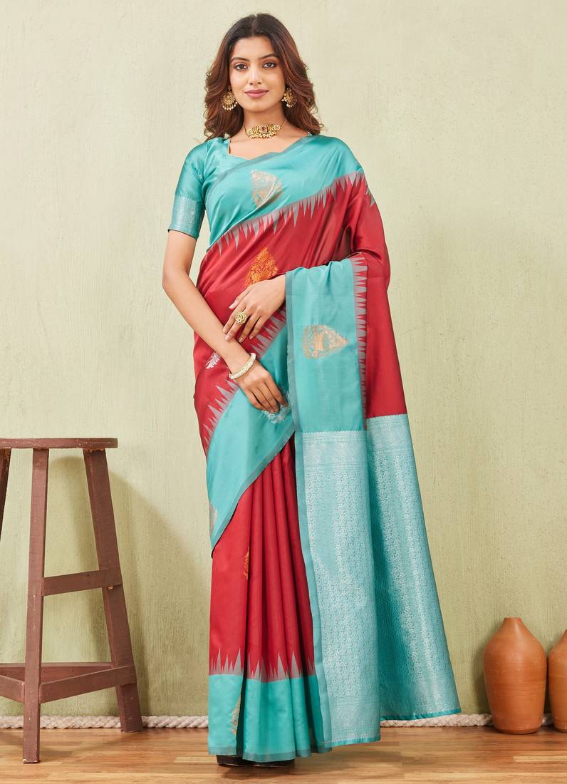 rama red art silk jacuard work designer party wear saree with unstitched blouse piece