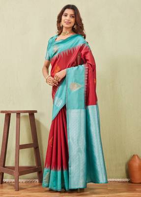 rama red art silk jacuard work designer party wear saree with unstitched blouse piece 2