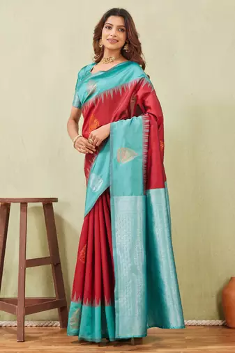 rama red art silk jacuard work designer party wear saree with unstitched blouse piece