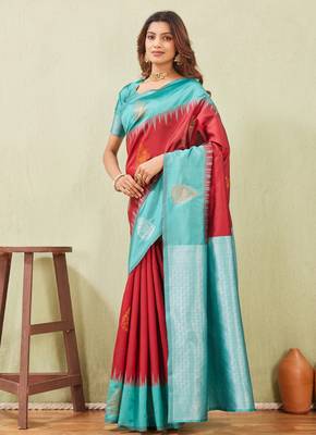 rama red art silk jacuard work designer party wear saree with unstitched blouse piece 3