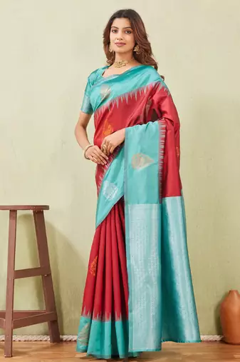 rama red art silk jacuard work designer party wear saree with unstitched blouse piece