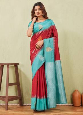rama red art silk jacuard work designer party wear saree with unstitched blouse piece 4