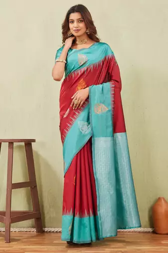rama red art silk jacuard work designer party wear saree with unstitched blouse piece