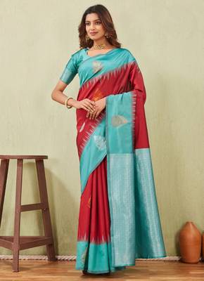 rama red art silk jacuard work designer party wear saree with unstitched blouse piece 5