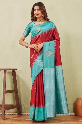 rama red art silk jacuard work designer party wear saree with unstitched blouse piece