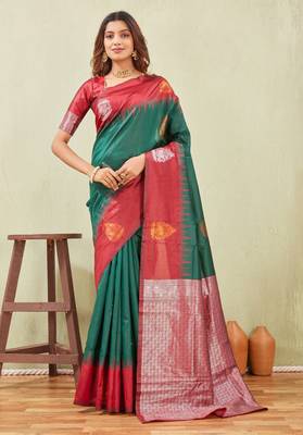 red green art silk jacuard work designer party wear saree with unstitched blouse piece 1