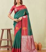 red green art silk jacuard work designer party wear saree with unstitched blouse piece