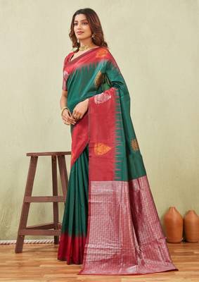 red green art silk jacuard work designer party wear saree with unstitched blouse piece 2